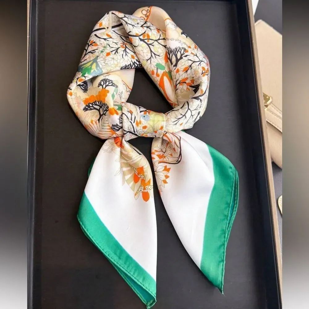 Floral green and orange scarf N1435